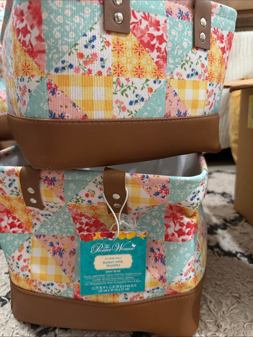 The Pioneer Woman Patchwork Canvas Storage Basket - Mint, Yellow & Multi